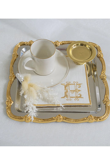 Lüks Monogram Tasarımlı Kişiselleştirilebilir Gold Detaylı Söz Nişan Mendili