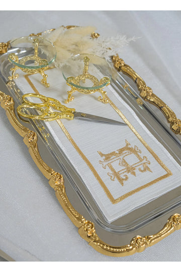 Kişiye Özel Monogram Tasarımlı Gold Varak Baskılı Dikdörtgen Söz Nişan Mendili