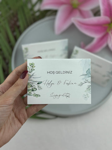 okaliptüs çerçeveli kişiye özel masa isimliği, 10,5 × 7,5 cm