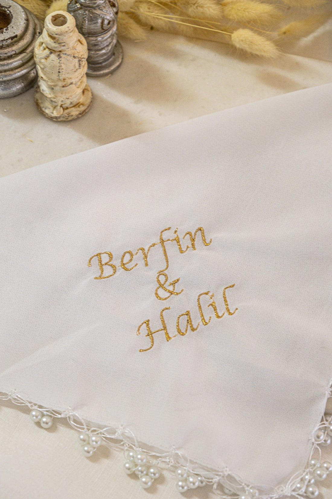 İsme Özel İsim Yazılı İnci Boncuklu Gelin Halay Mendili (Beyaz)