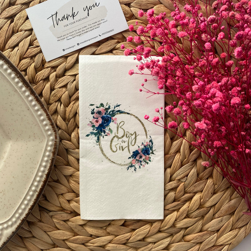 Boy or Girl Yazılı Gold Çemberli kişiye özel isimli peçete, düğün ve nişan için 20'li paket