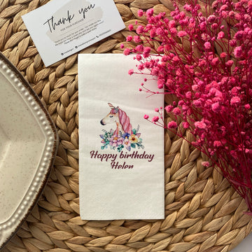 Unicorn Çizimli Happy Birthday Yazılı kişiye özel isimli peçete, düğün ve nişan için 20'li paket