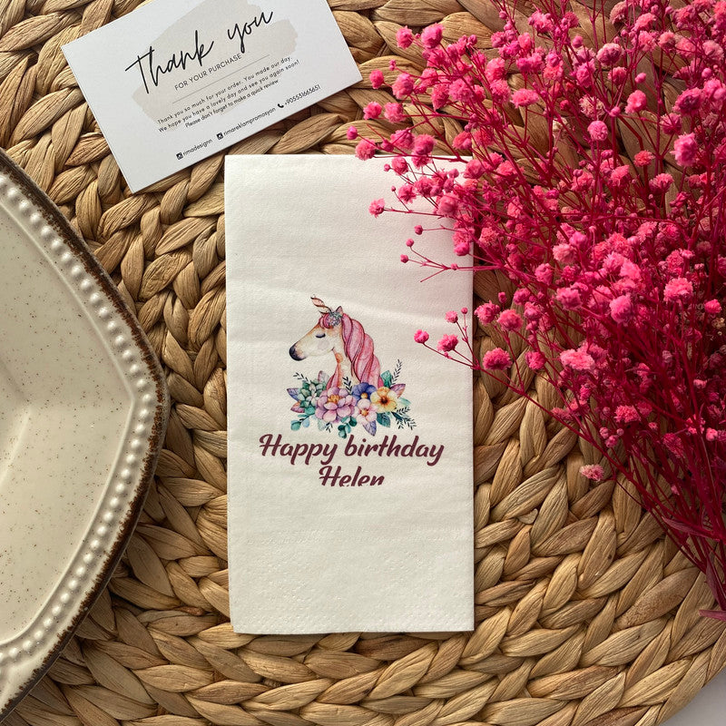 Unicorn Çizimli Happy Birthday Yazılı kişiye özel isimli peçete, düğün ve nişan için 20'li paket
