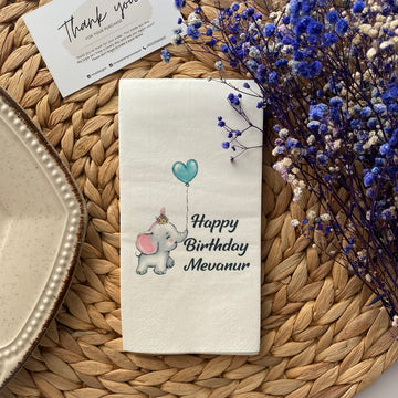 Fil ve Kalp Balonlu Happy Birthday kişiye özel isimli peçete, düğün ve nişan için 20'li paket
