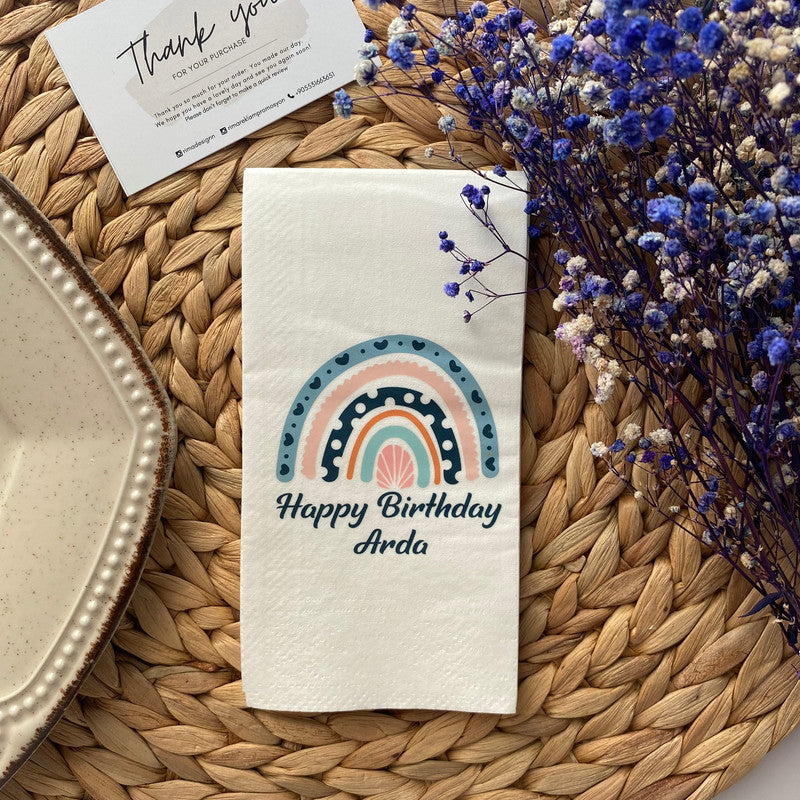 Boho Gökkuşağı Çizimli Happy Birthday kişiye özel isimli peçete, düğün ve nişan için 20'li paket