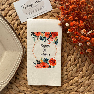 Mercan Çiçekli Bakır Altıgen Çerçeveli kişiye özel isimli peçete, düğün ve nişan için 20'li paket