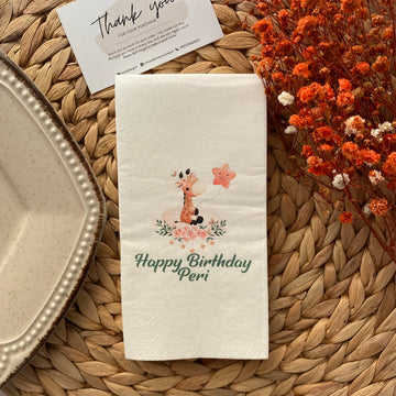 Zürafa ve Yıldız Balonlu Happy Birthday kişiye özel isimli peçete, düğün ve nişan için 20'li paket