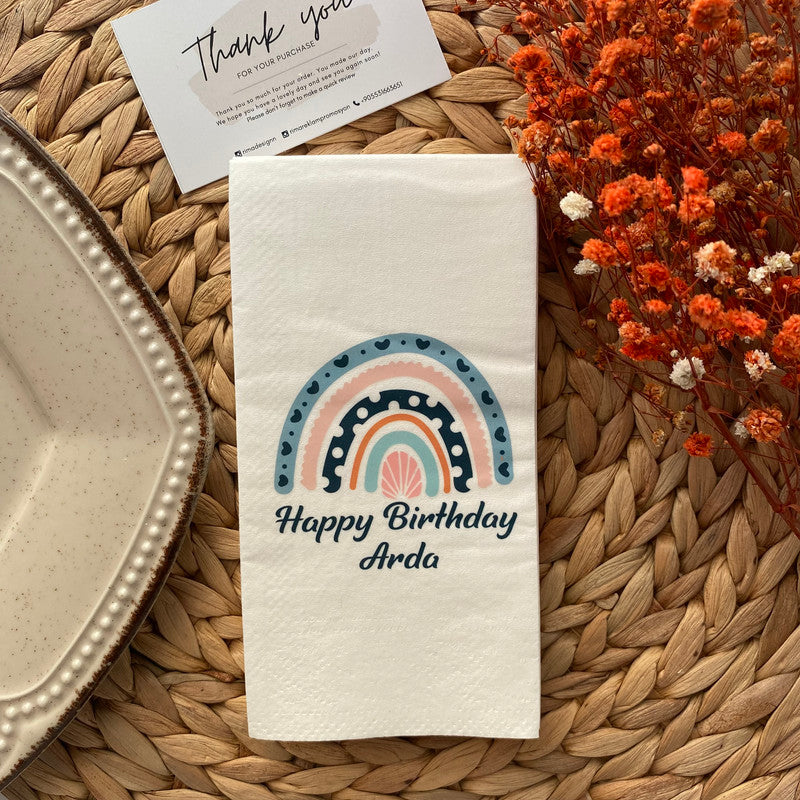 Boho Gökkuşağı Happy Birthday Yazılı kişiye özel isimli peçete, düğün ve nişan için 20'li paket