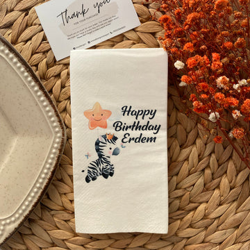Zebra ve Yıldız Balonlu Happy Birthday kişiye özel isimli peçete, düğün ve nişan için 20'li paket