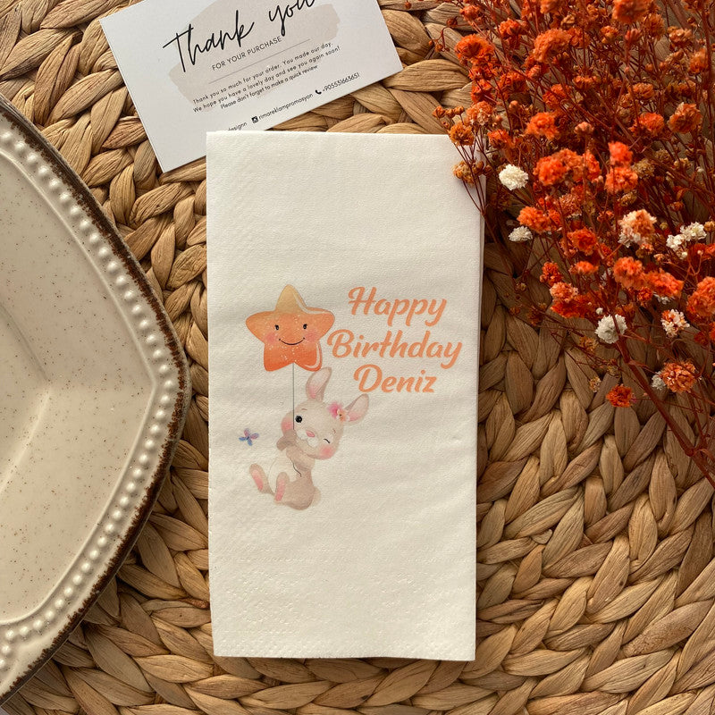 Tavşan ve Yıldız Balonlu Happy Birthday kişiye özel isimli peçete, düğün ve nişan için 20'li paket