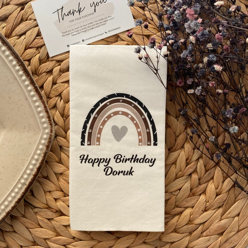 Toprak Tonlu Boho Gökkuşağı Happy Birthday kişiye özel isimli peçete, düğün ve nişan için 20'li paket