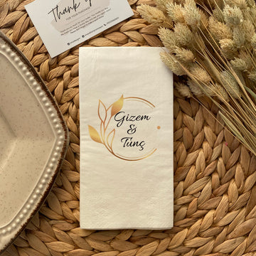 Turuncu Yapraklı Modern Çemberli kişiye özel isimli peçete, düğün ve nişan için 20'li paket