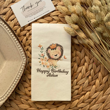 Aslan Çizimli Happy Birthday Yazılı kişiye özel isimli peçete, düğün ve nişan için 20'li paket