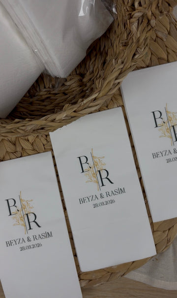 Altın başaklı monogramlı kişiye özel isimli peçete, düğün ve nişan için 20'li paket