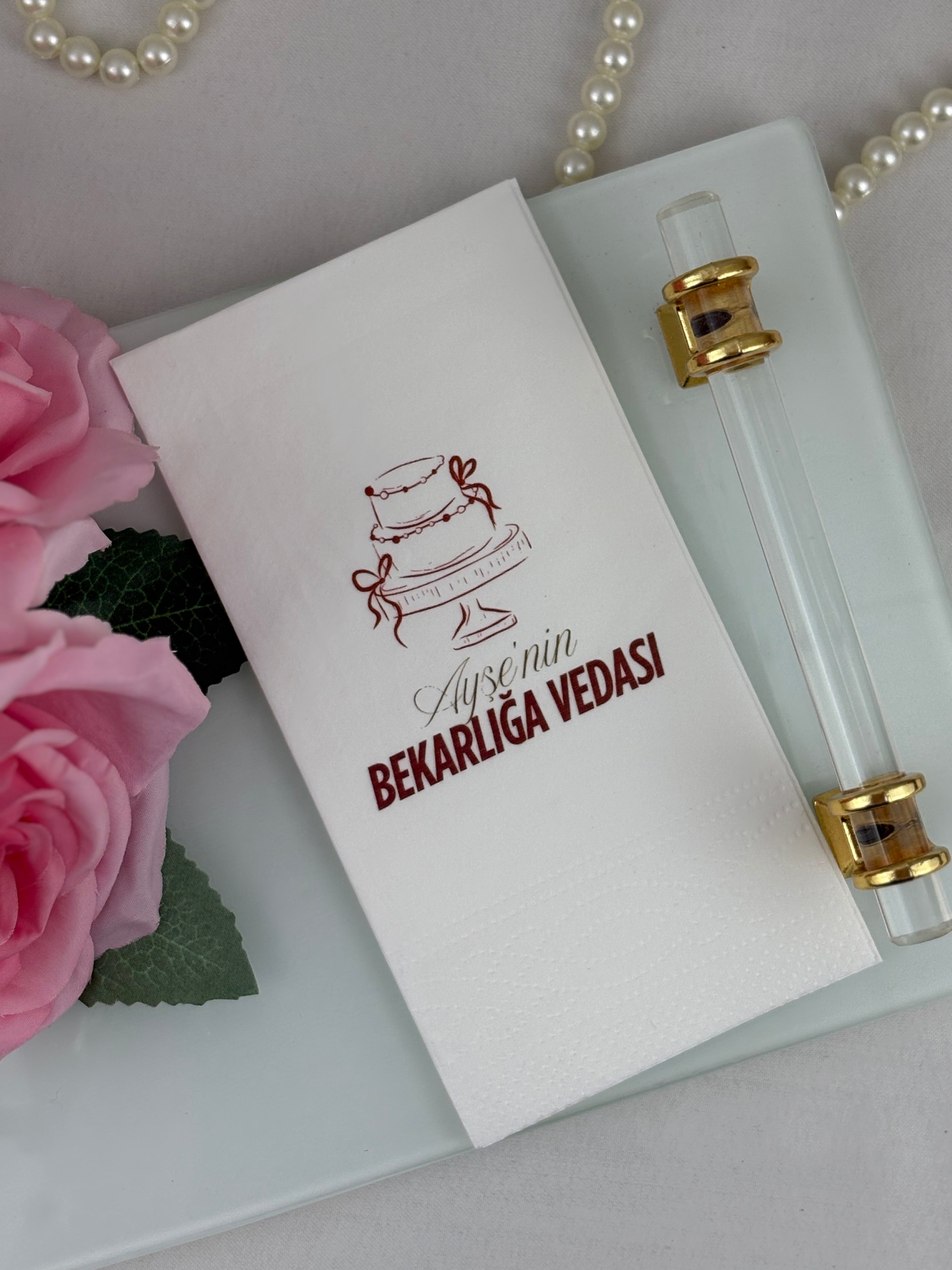 Pastalı Bekarlığa Veda Yazılı kişiye özel isimli peçete, düğün ve nişan için 20'li paket