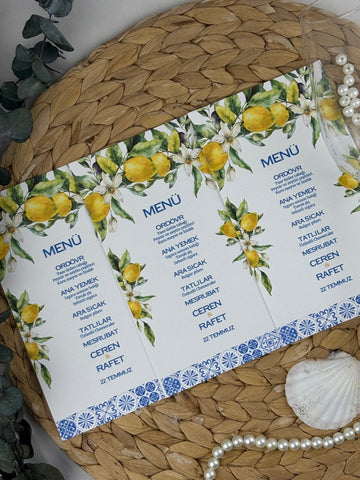 limon ve çini bordürlü kişiye özel menü kartı, 8x18 cm, düğün ve nişan masaları için