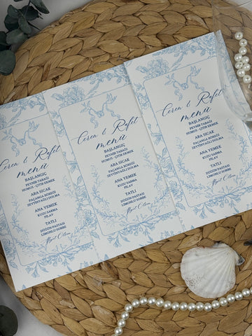 mavi toile desenli kişiye özel menü kartı, 8x18 cm, düğün ve nişan masaları için