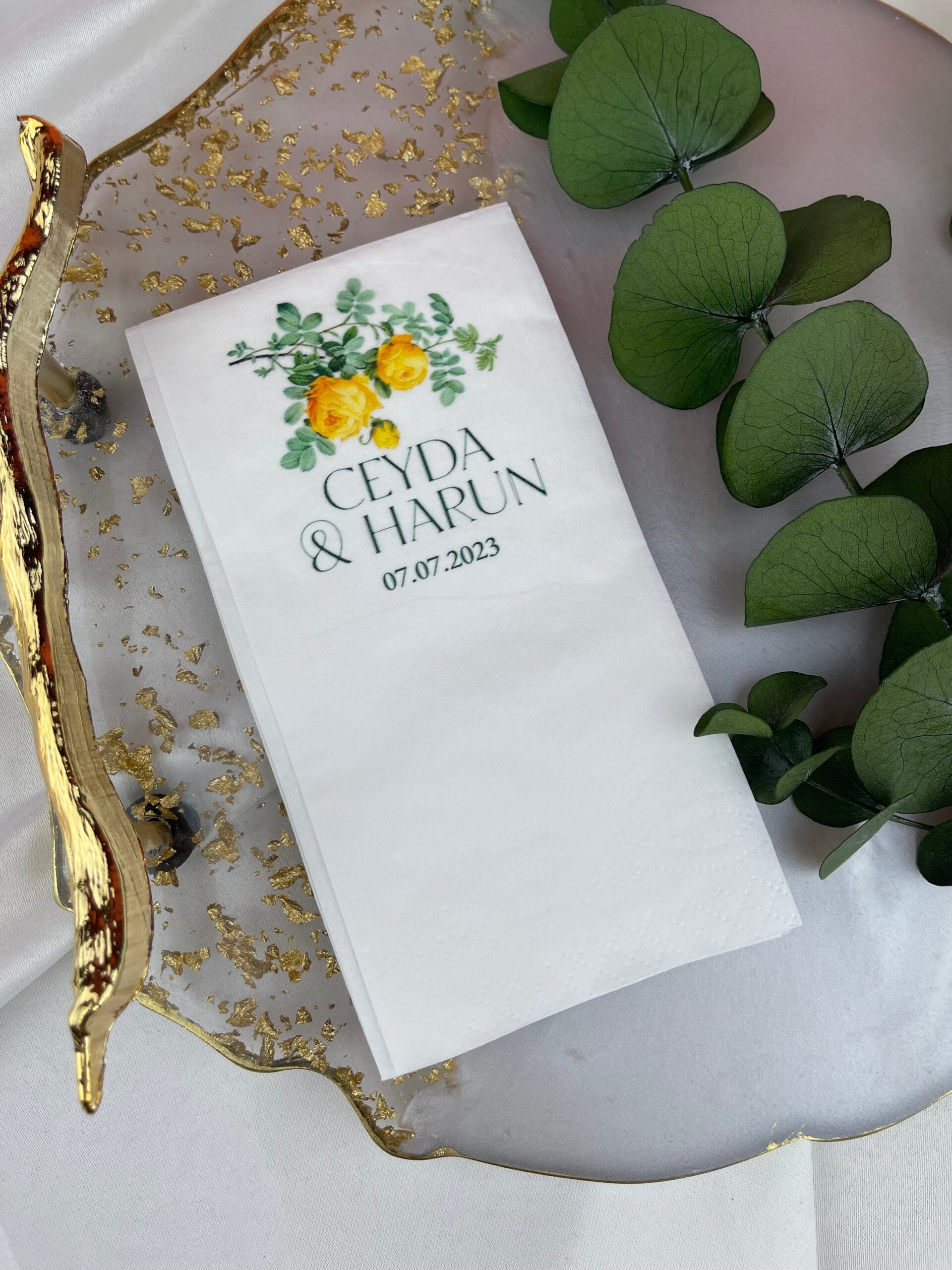 Sarı Gül Buketli kişiye özel isimli peçete, düğün ve nişan için 20'li paket