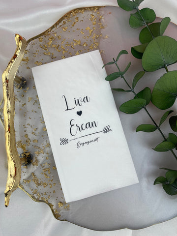 Yaprak Süslemeli Engagement Yazılı kişiye özel isimli peçete, düğün ve nişan için 20'li paket