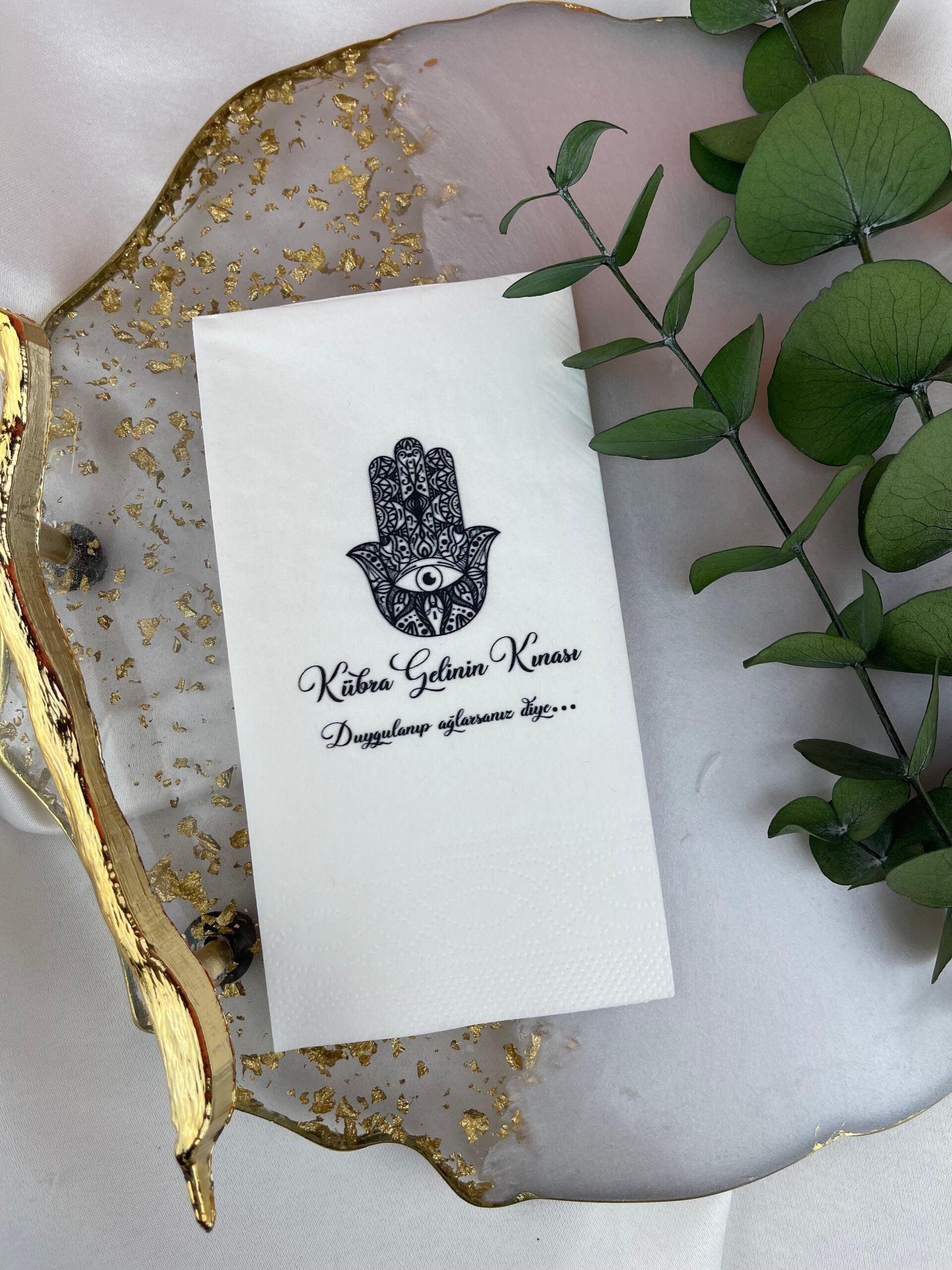 Hamsa Çizimli Gelin Kınası Yazılı kişiye özel isimli peçete, düğün ve nişan için 20'li paket