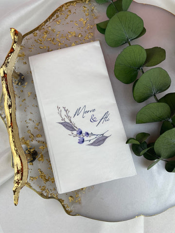 Mor Yapraklı Dal Çizimli kişiye özel isimli peçete, düğün ve nişan için 20'li paket